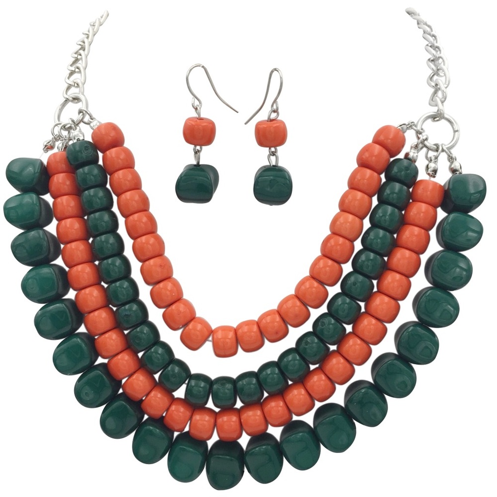 Layered Orange Green Beaded Necklace Earrings Set